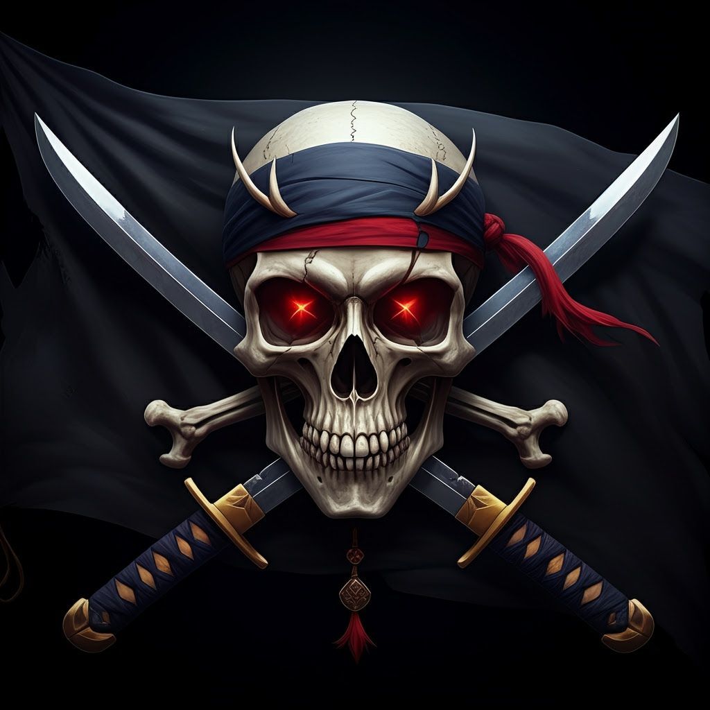 Detailed 3D Anime Jolly Roger with Katana on Black Backgroun...