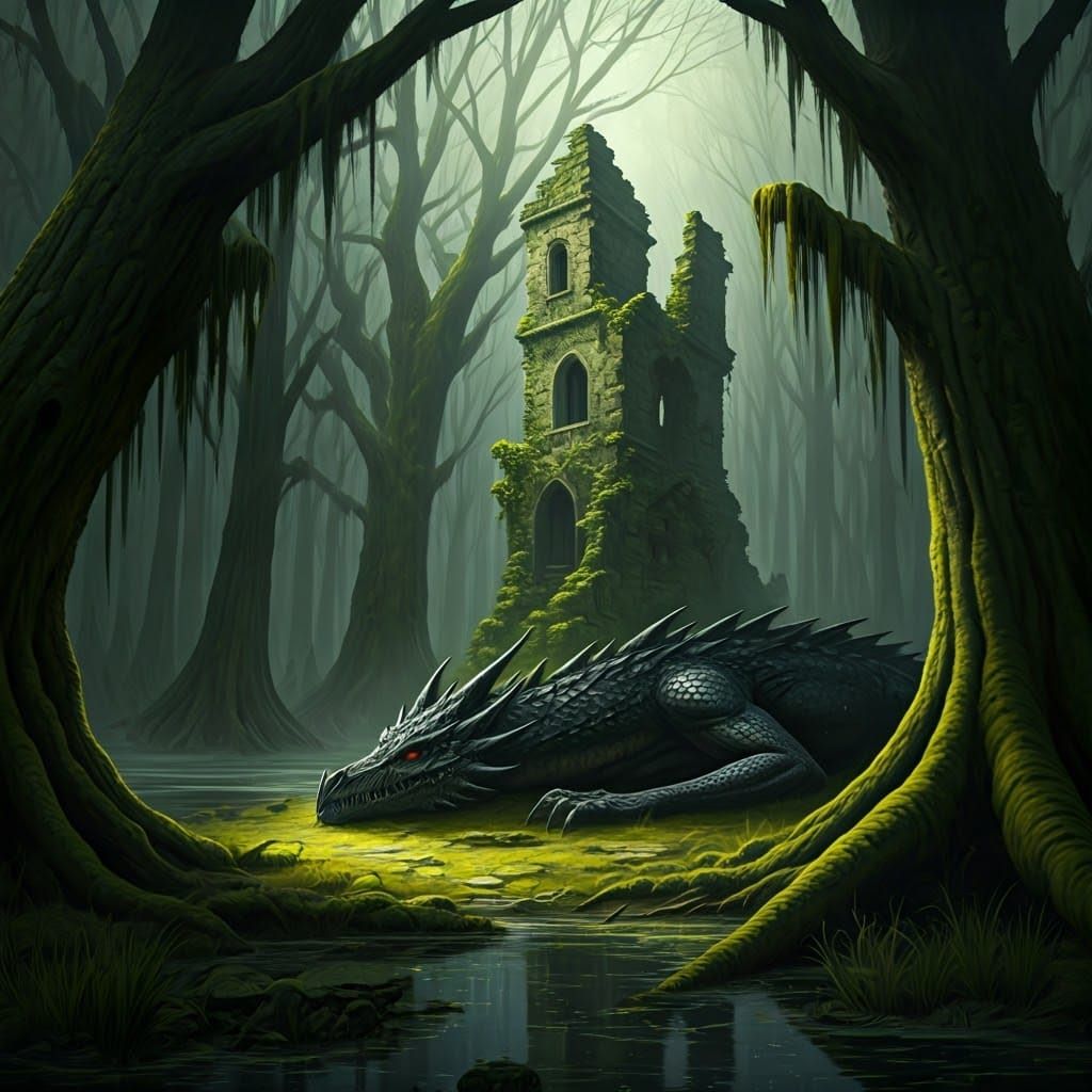 Foreboding Swamp with Dragon in Gothic Style