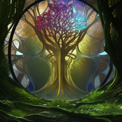 Stained Glass Tree of Life in Art Nouveau Style