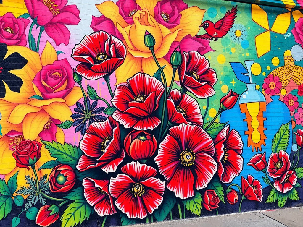 Vibrant Comics Style Mural Art with Poppies and Roses