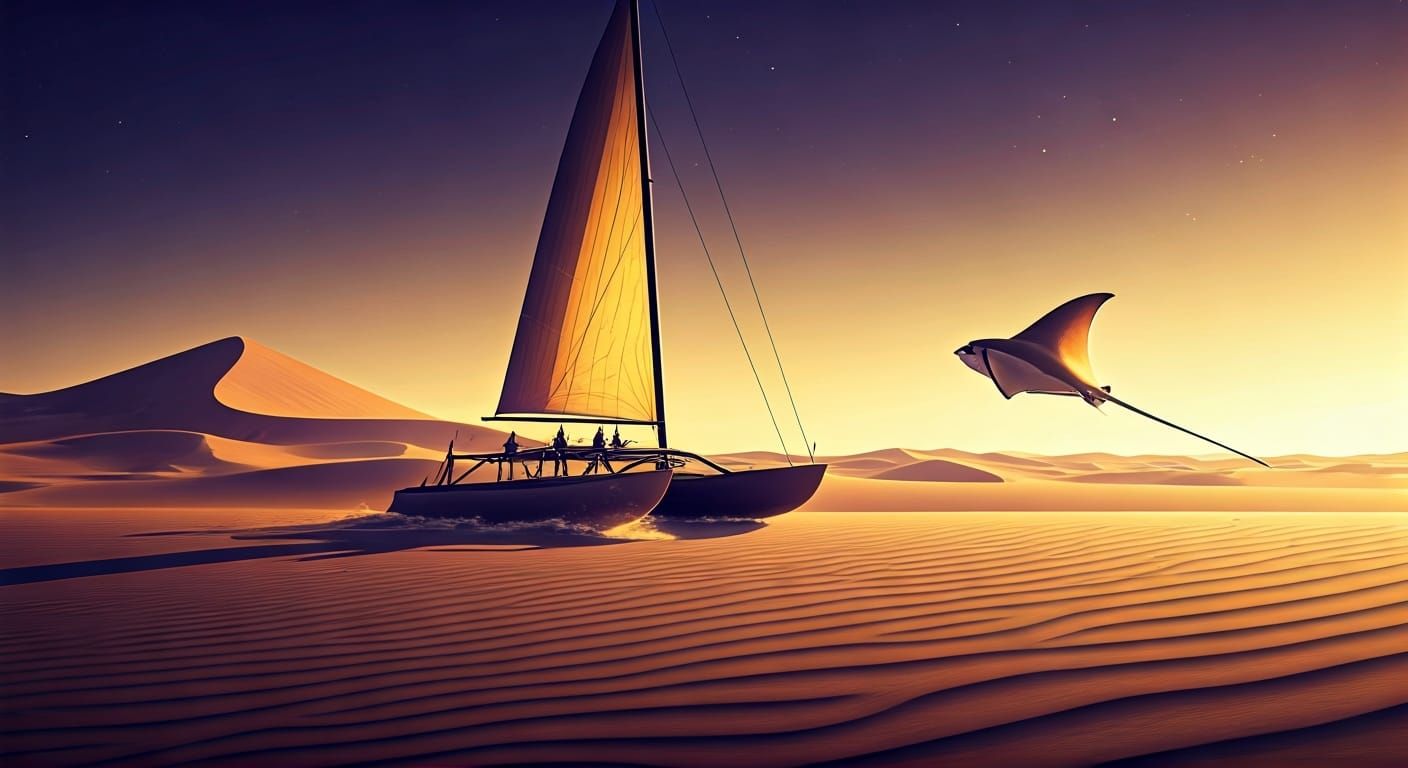 Sand Sailing Catamaran on Desert Dune Sea