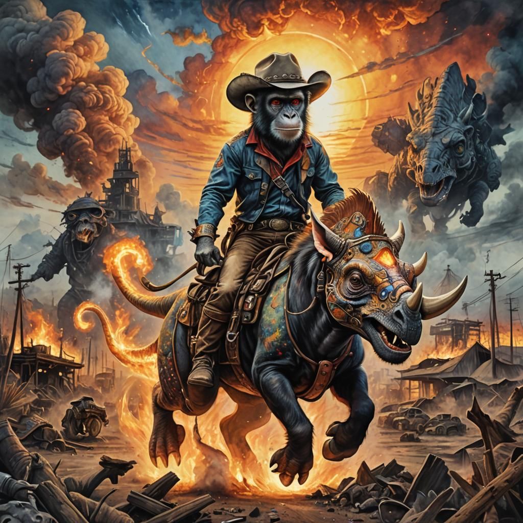 Cowboy Monkey Rides Triceratops in Vibrant Charcoal Drawing