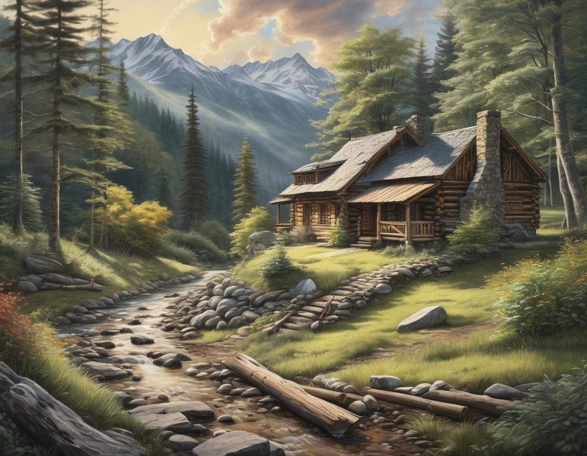 Mountain Cabin Sketch in Colored Pencil and Charcoal