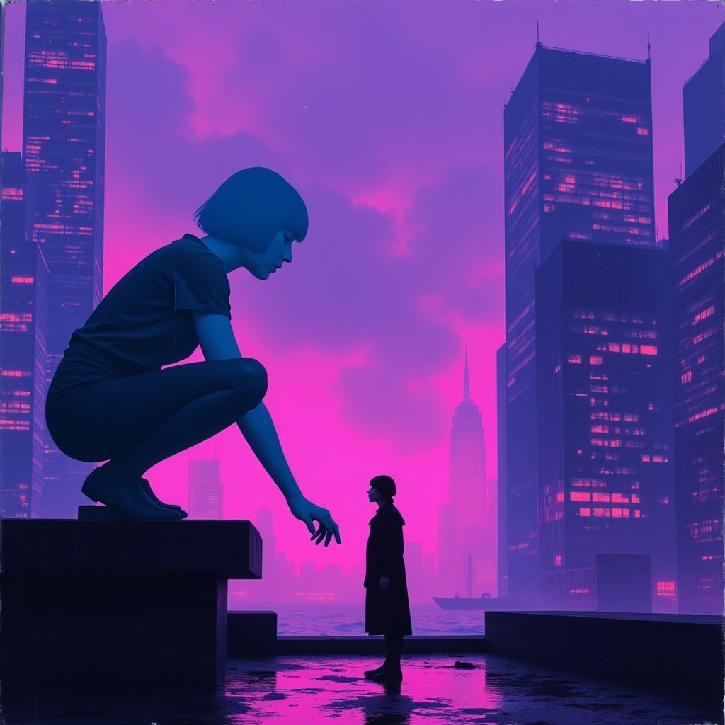 Neon Cyberpunk Cityscape with Holographic Woman