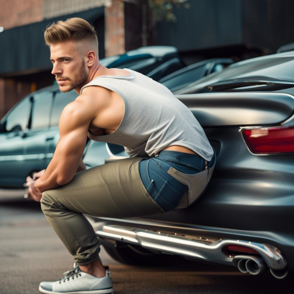 Handsome Man in Tank Top Posing on Car