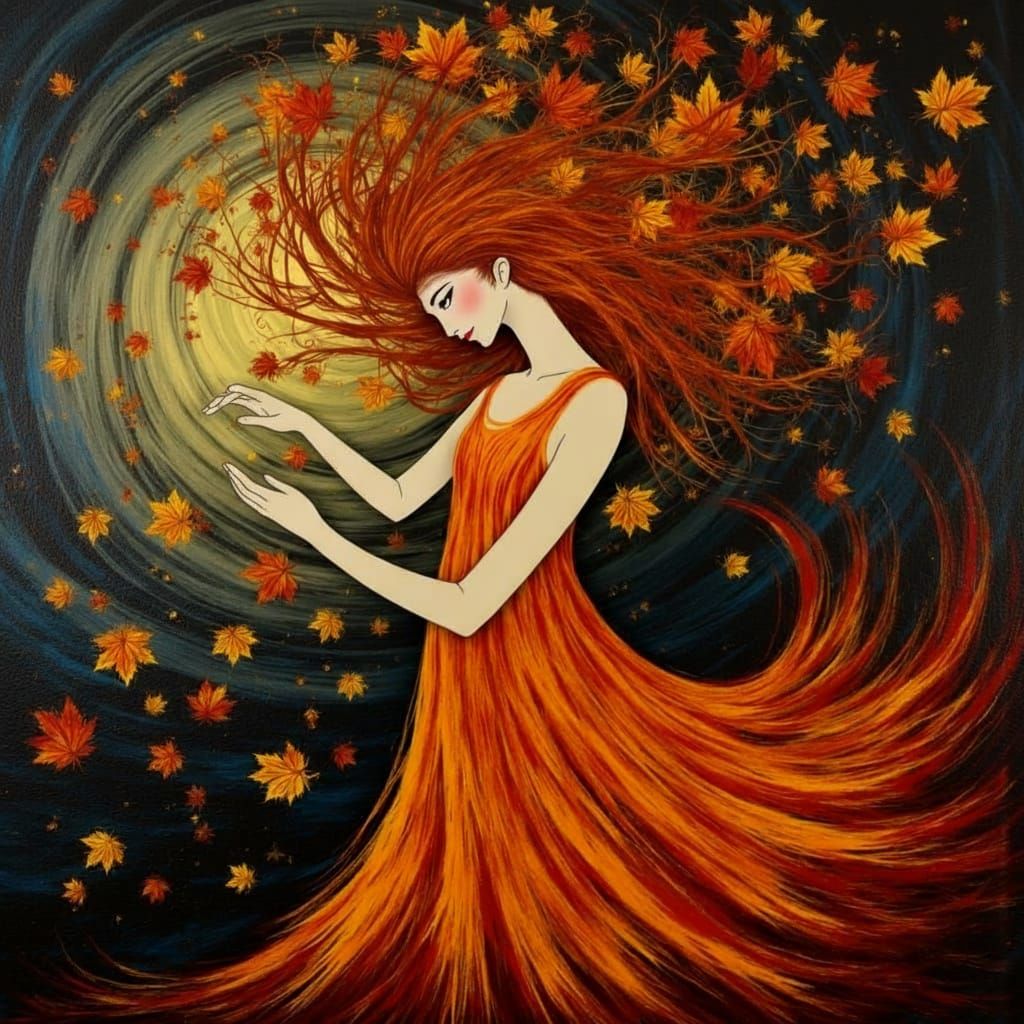 Portrait of the Spirit of Autumn. dynamic and dramatic pose....