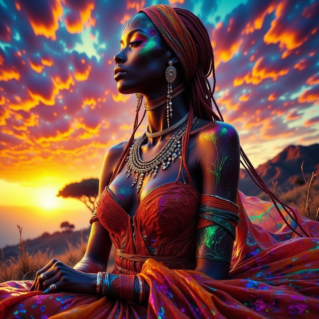 Surreal African Goddess Radiates Beauty in Opalescent Sunset