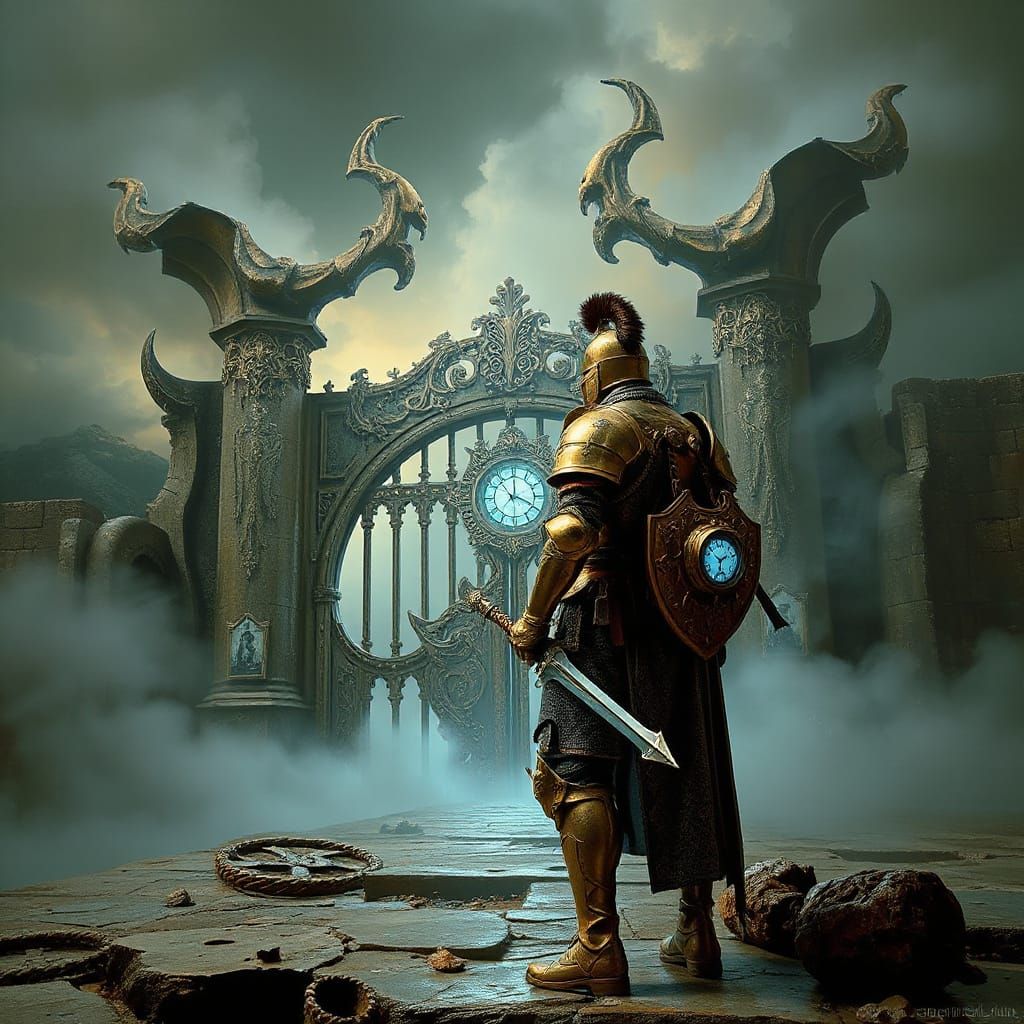 Baroque Knight Guards Twilight Gate in Dark Fantasy Style