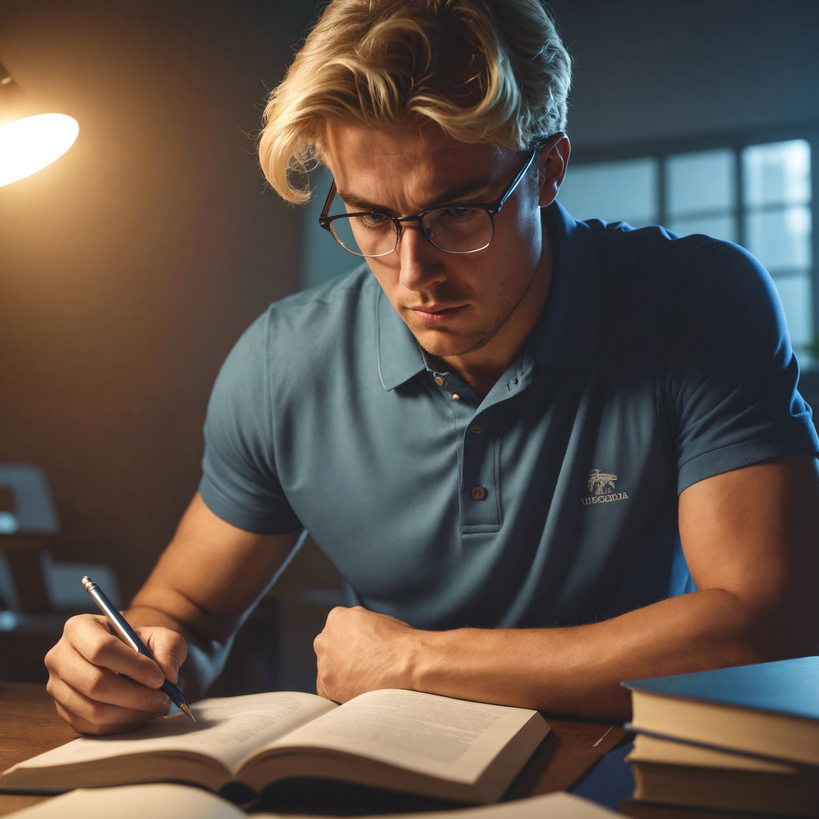 Man Immersed in Study at Desk with Lamp