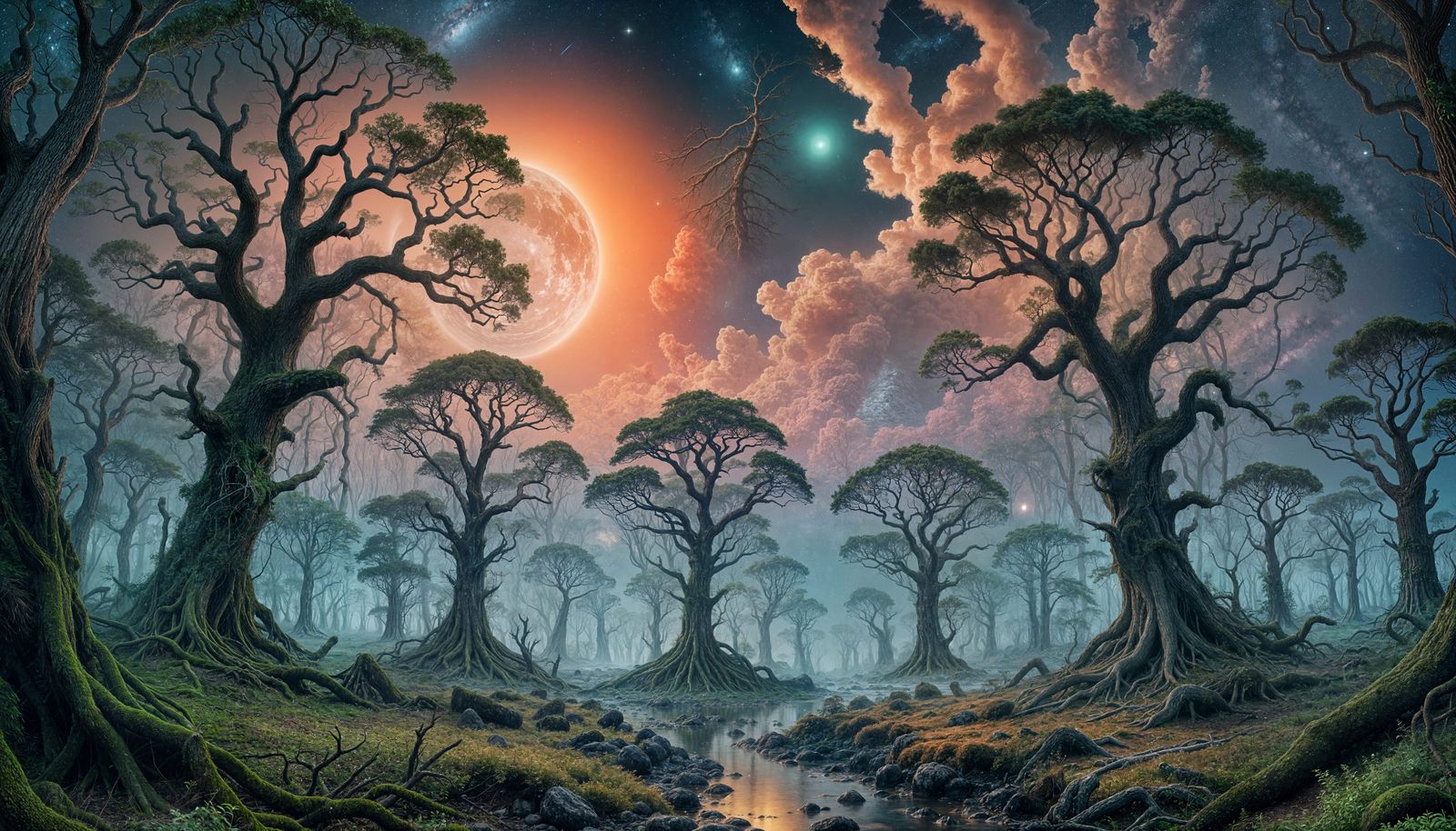 Surreal Forest Landscape Under Hyper-Realistic Starry Dawn S...