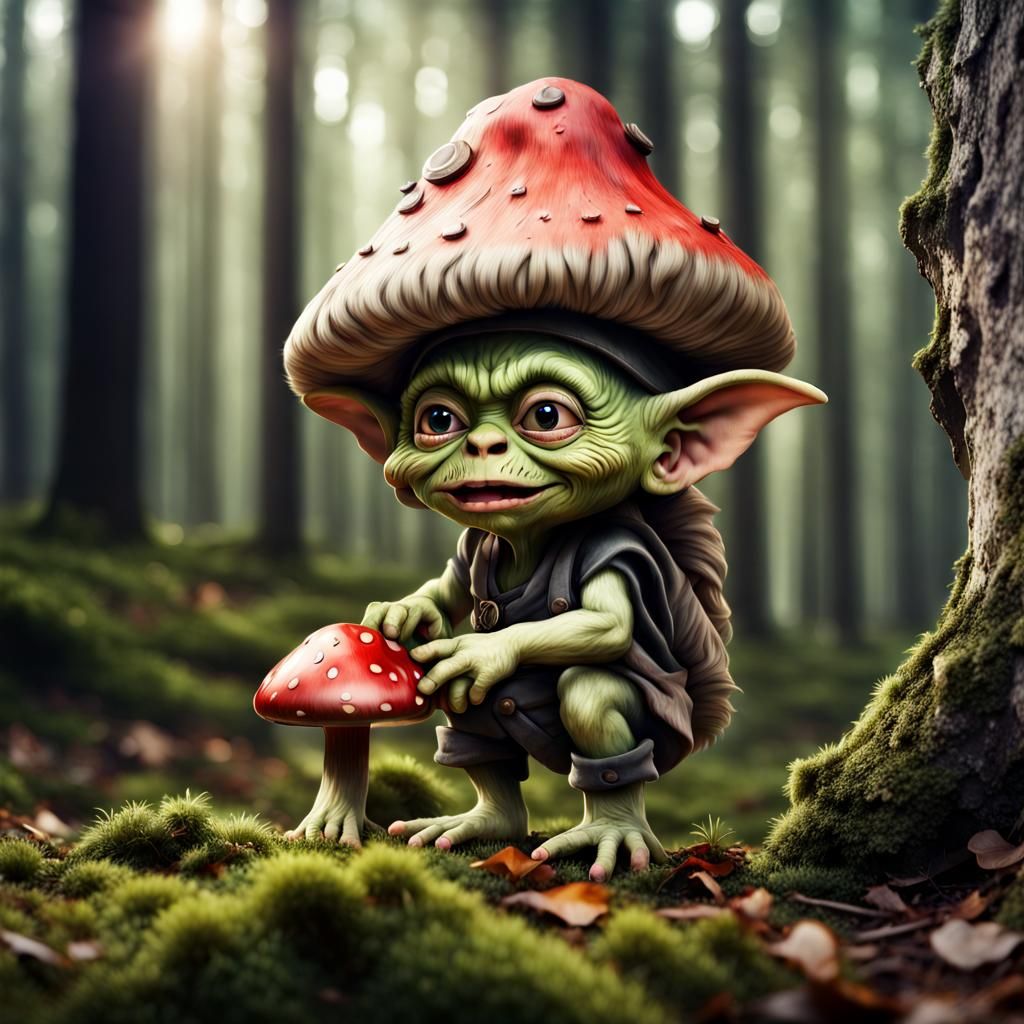 Toddler Goblin with Mushroom Hat: Hyperrealistic Photograph