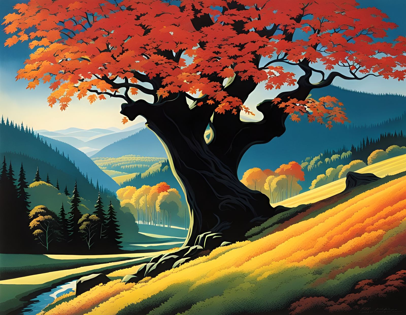 Maple Tree in Canadian Landscape, Eyvind Earle Illustration