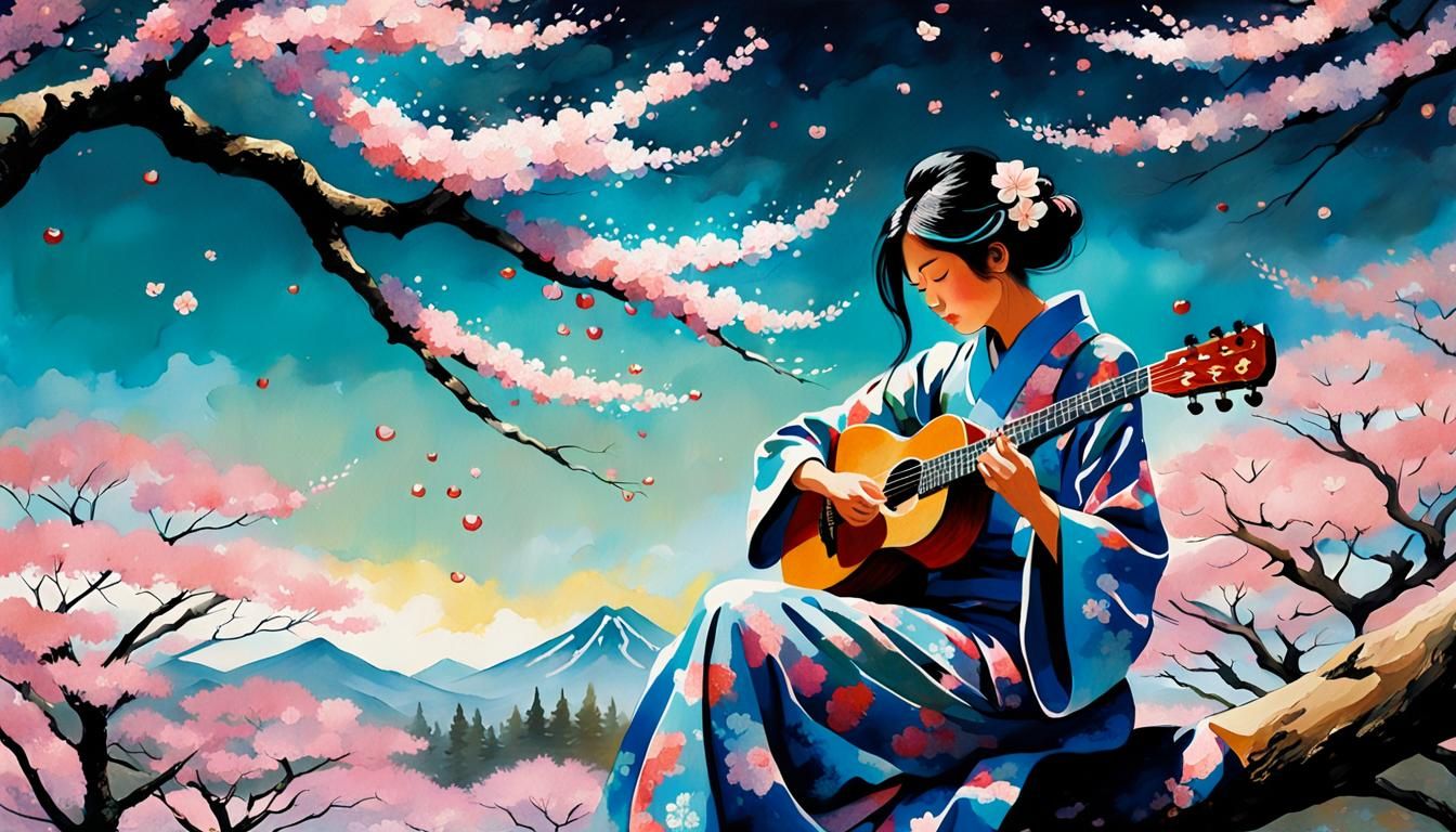 Japanese Woman with Ukulele in Blossoming Cherry Tree