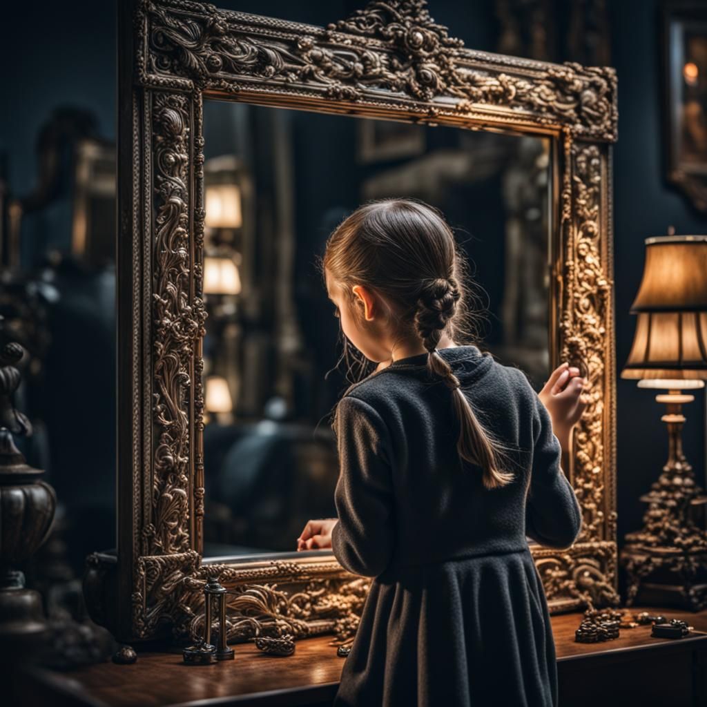 Hyperrealistic Girl Gazing into a Mirror