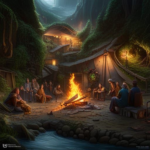 Archaic Humans Gathering Around Forest Bonfire