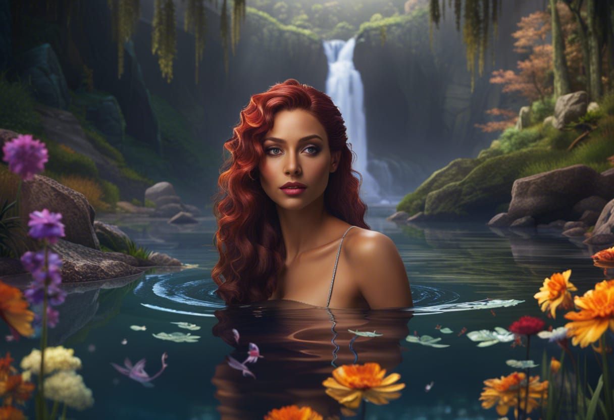 A pretty redhead goes for a dip in a beautiful woodland clearing with a waterfall