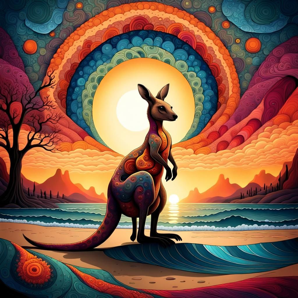 Kangaroo Sunset in Folk Surrealist Style