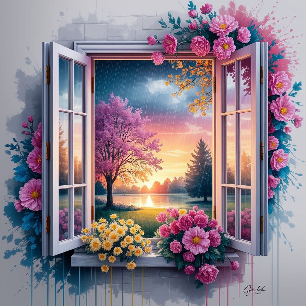 Picturesque Open Window with Sunset in Watercolor Style