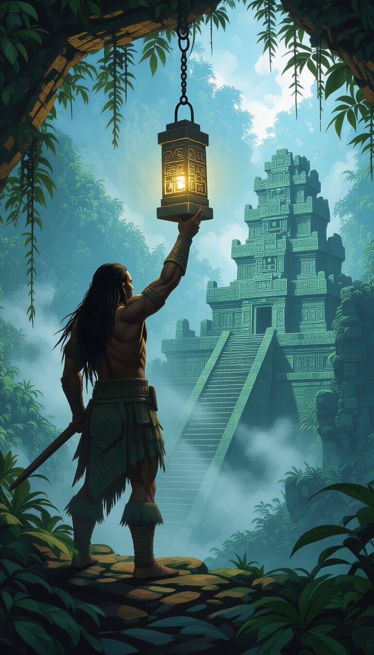 Mayan Warrior Illuminates Jungle Ruins