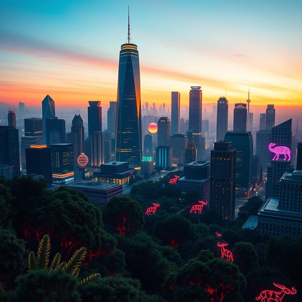 Futuristic Cityscape at Dusk in Cyberpunk Style