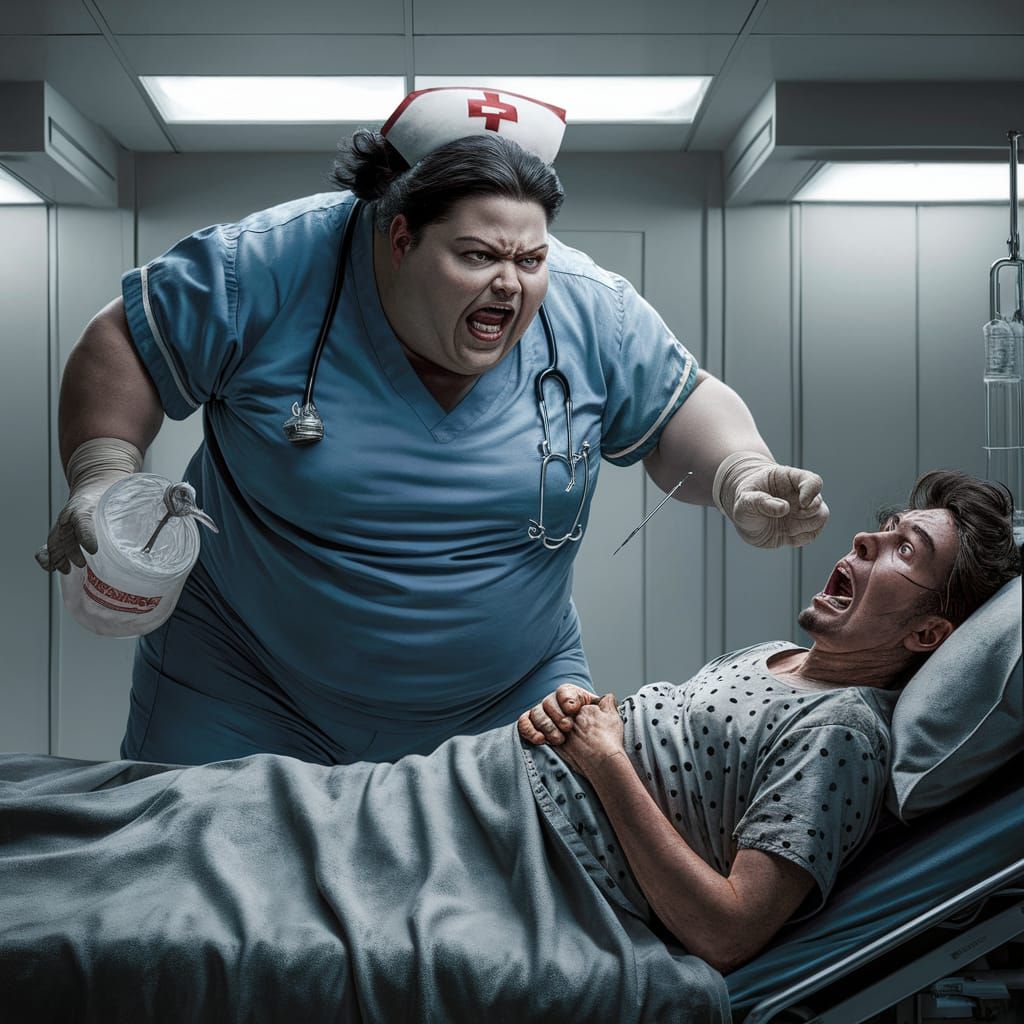Menacing Nurse Advances on Patient with Needle