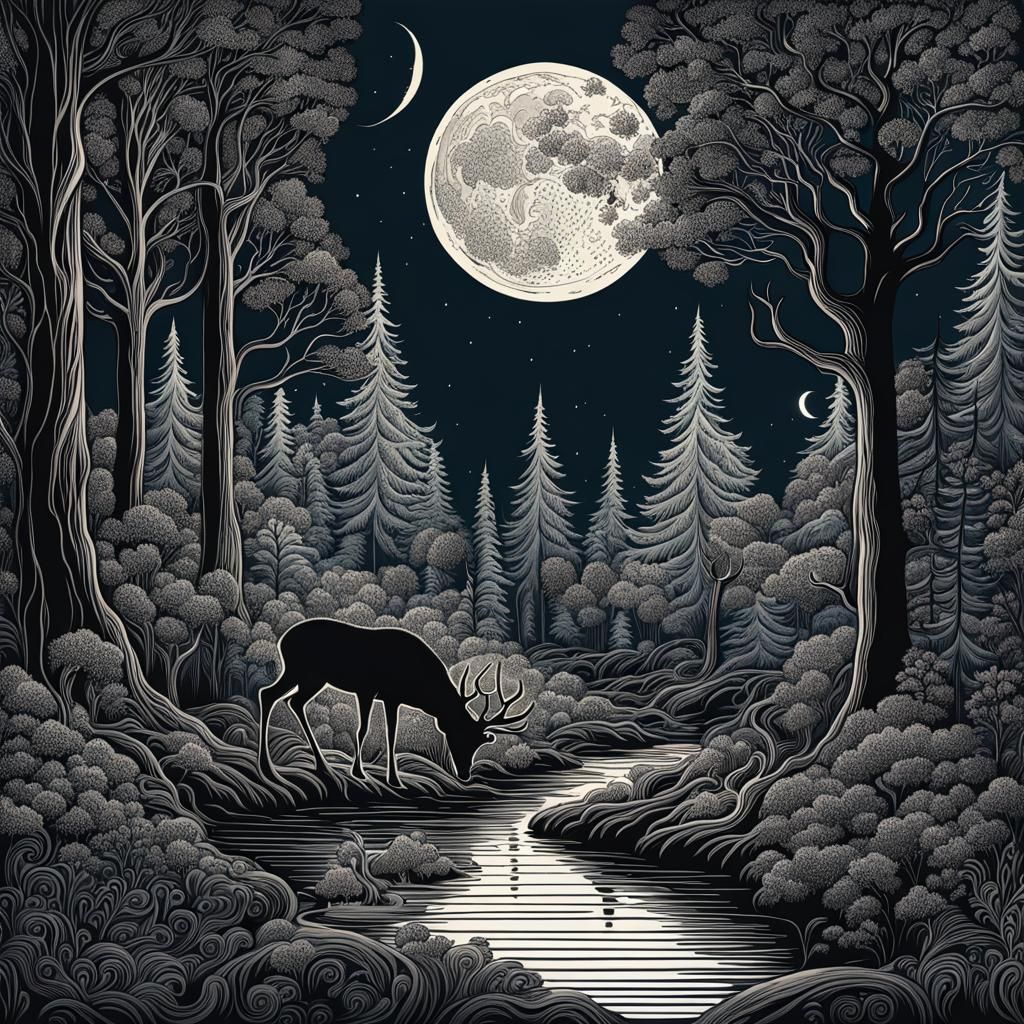 Fantasy Deer at Moonlit Forest Stream