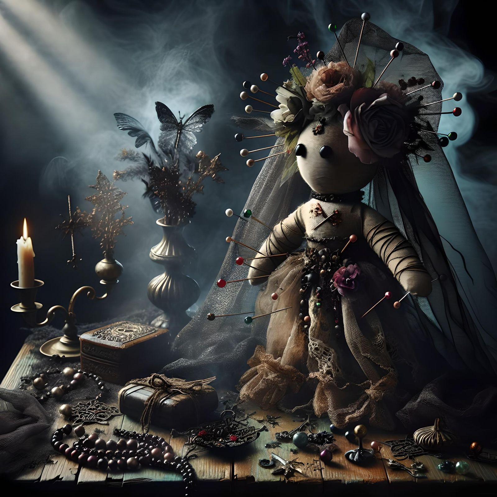 Eerie Voodoo Doll in Gothic Horror Setting
