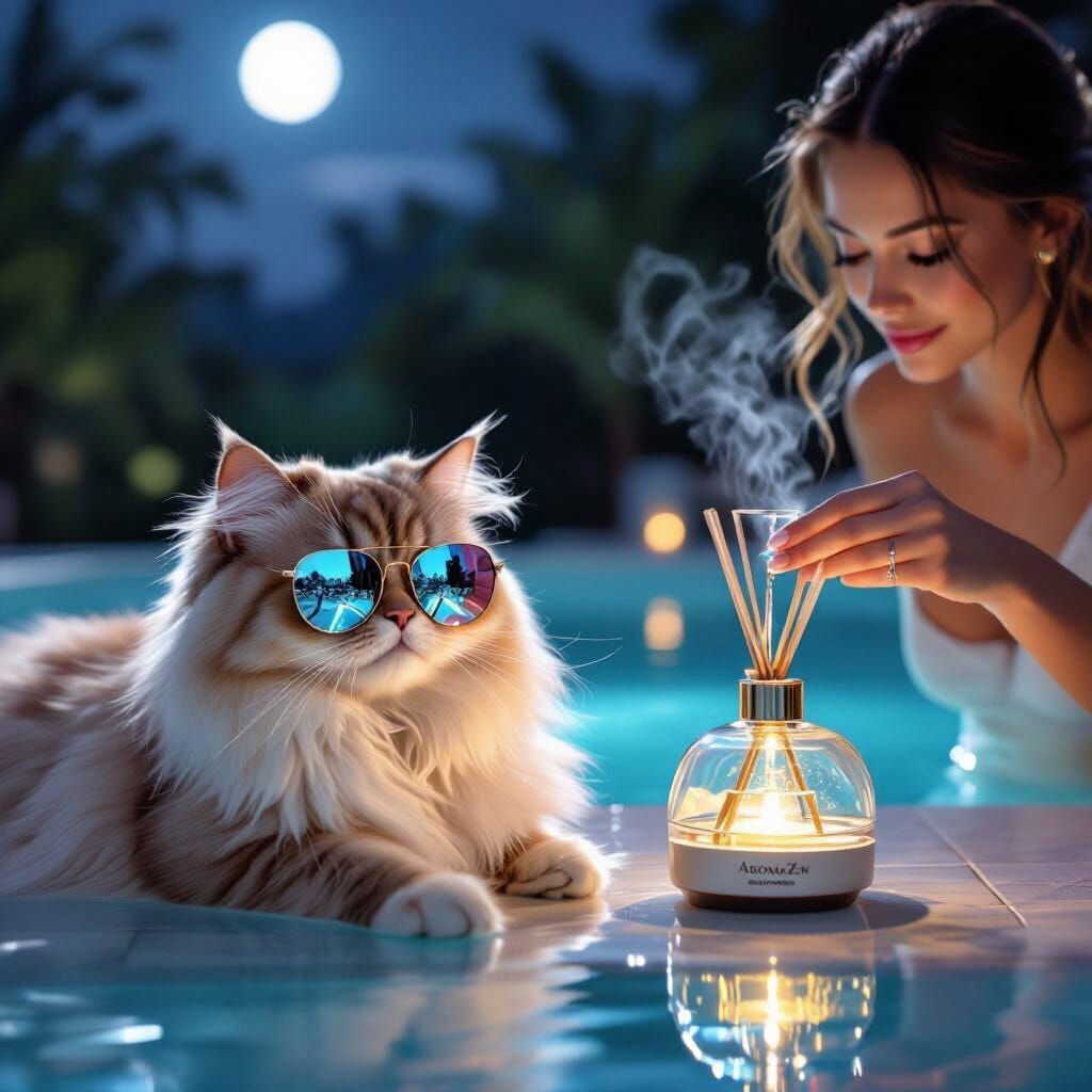Fluffy Cat in Sunglasses by Pool, Serene Night Scene