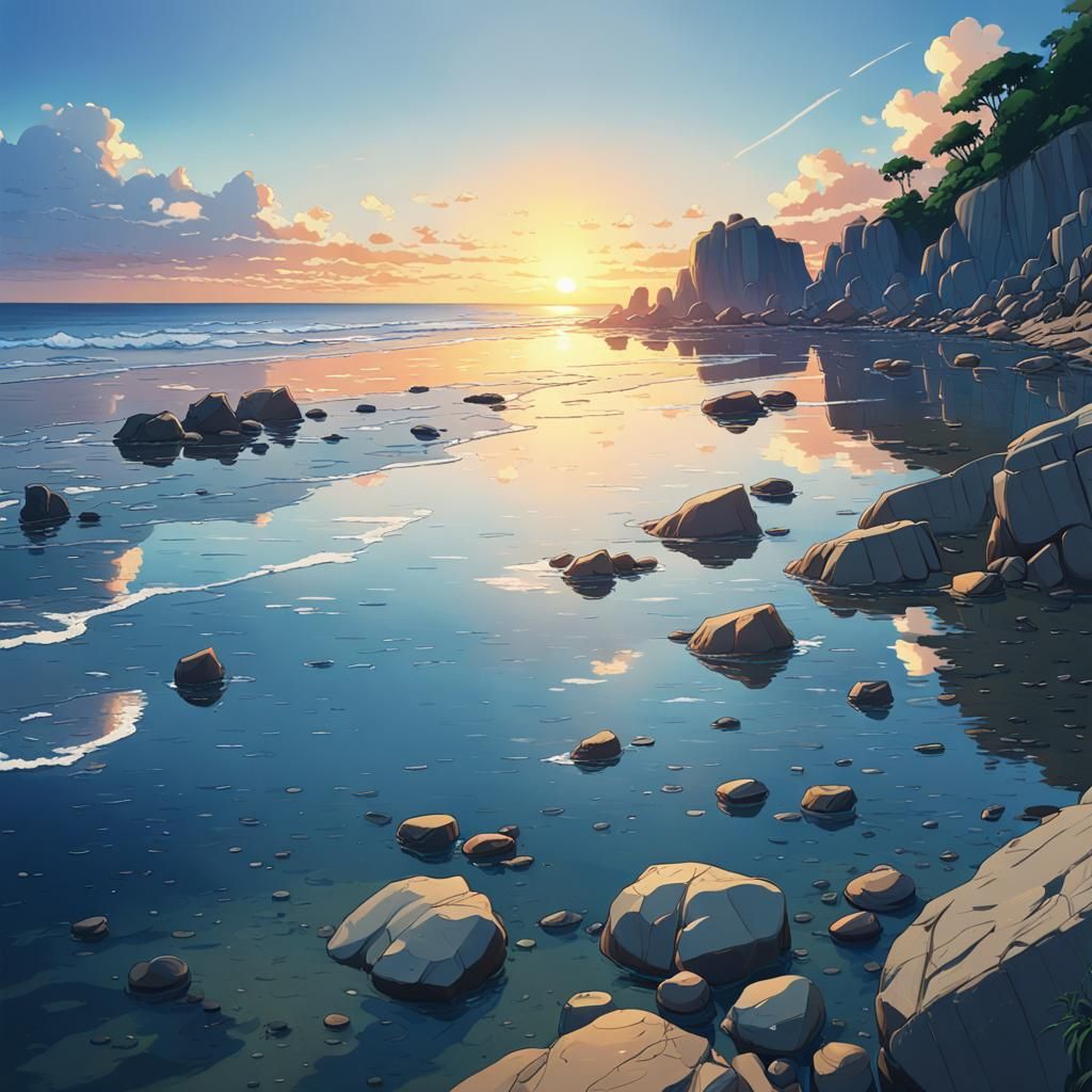 Sunset at Rocky Shoreline in Anime Style
