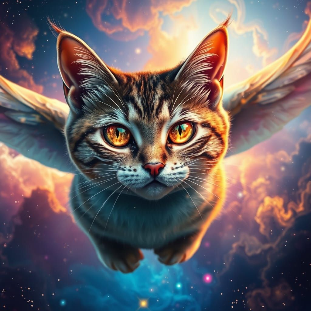 Majestic Flying Cat with Golden Stardust Eyes