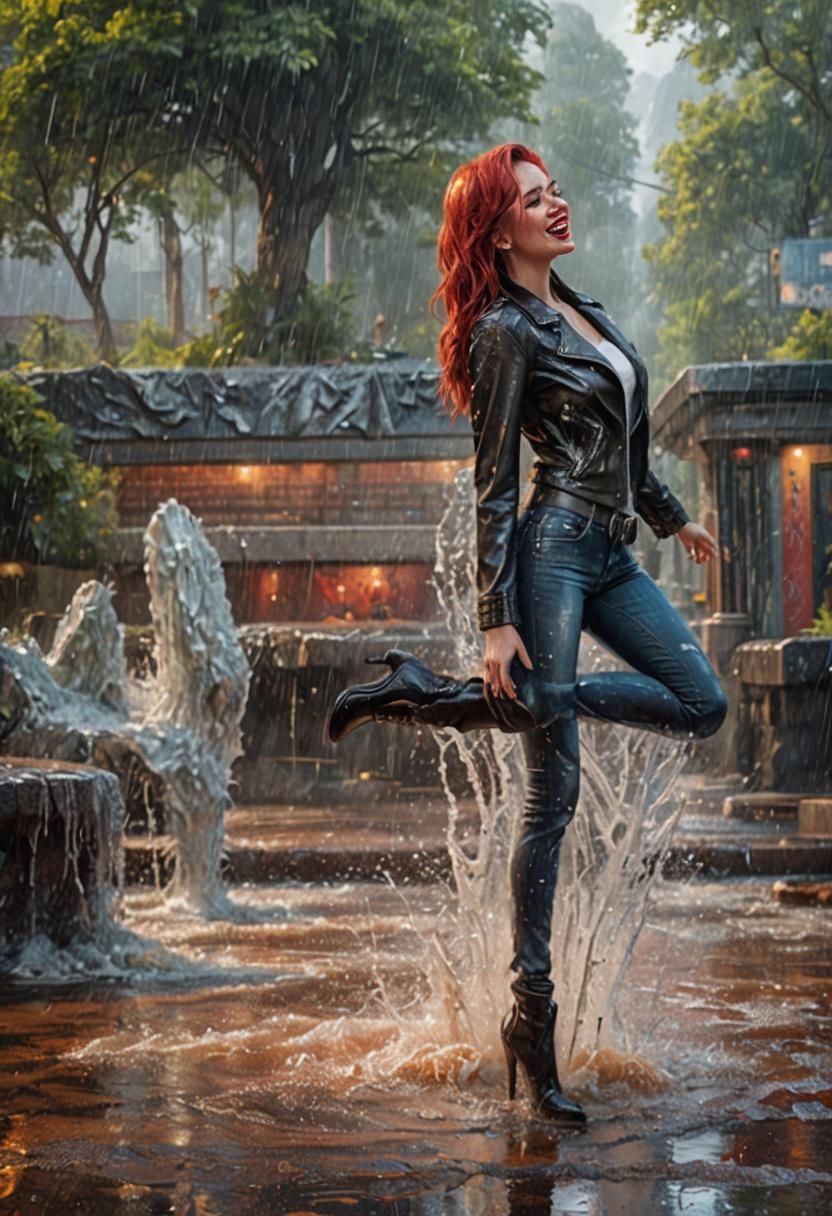 Glamorous Woman Posing in Fountain, Detailed Digital Paintin...