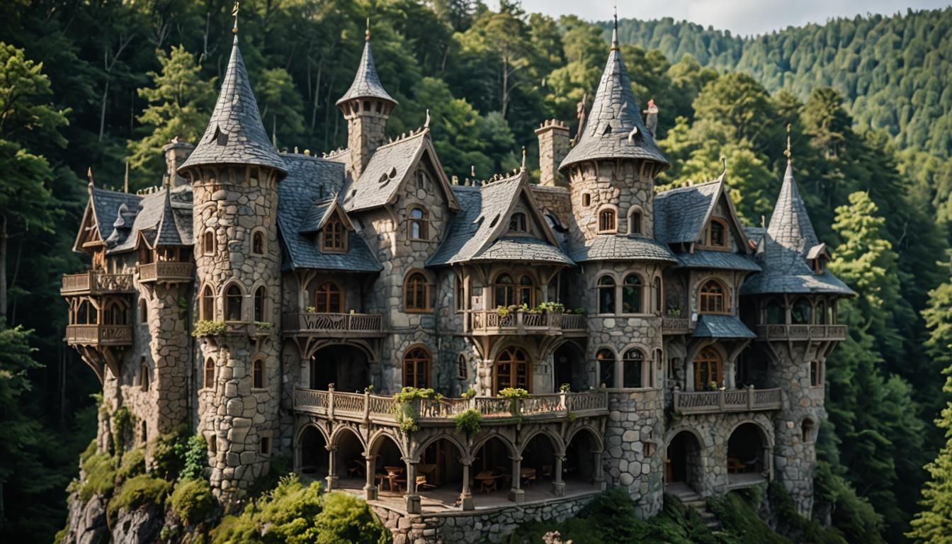 Elven Stone Mansion with Curvy Roof, Forest Setting