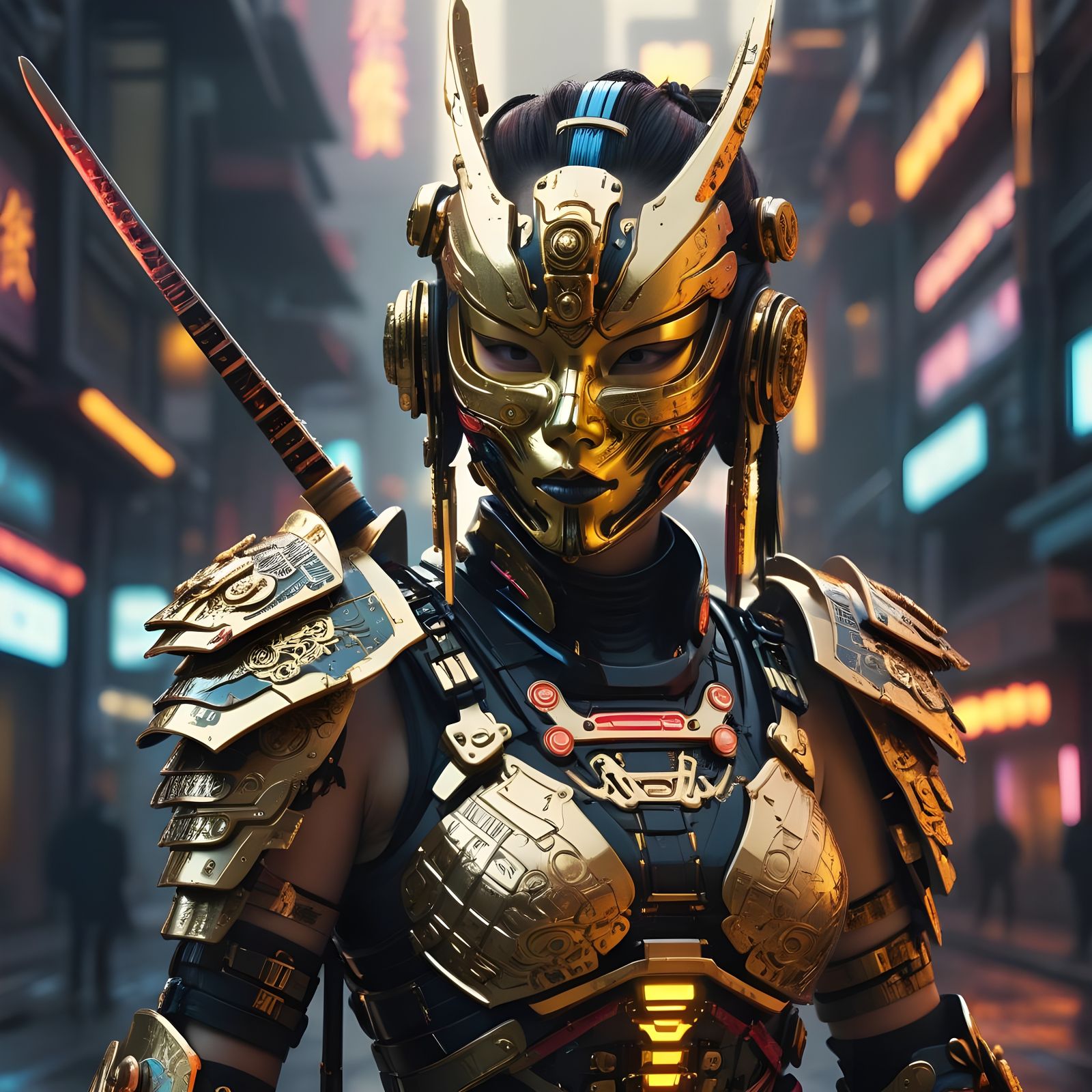 Masked Cyborg Samurai in Fantasy Art Style