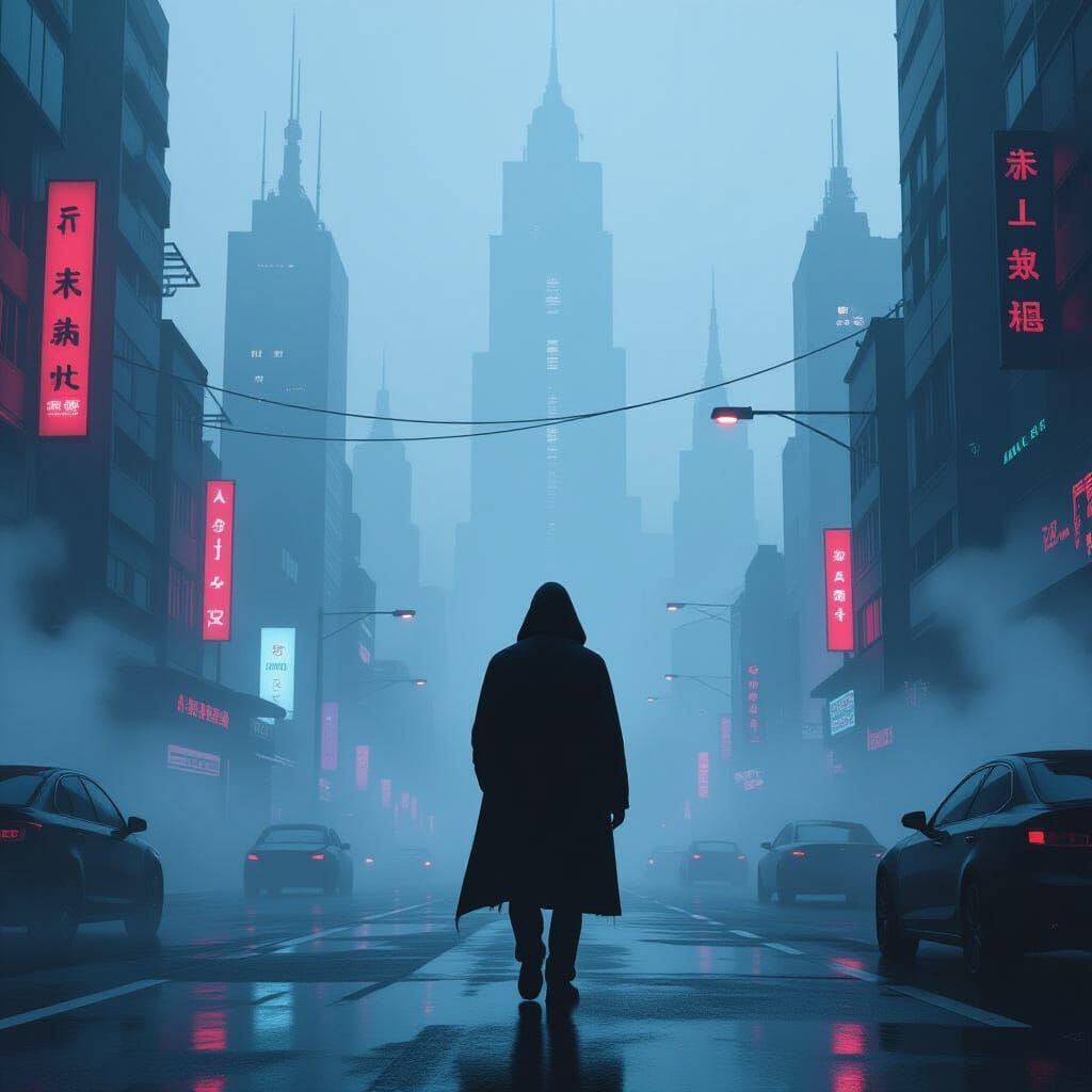 Eerie Lone Figure in Futuristic Digital Landscape