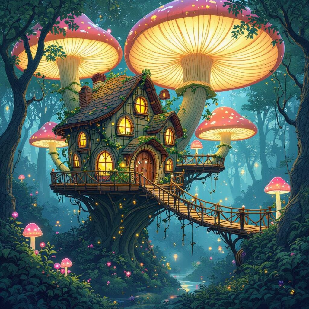 Glowing Mushroom Village in Art Nouveau Style