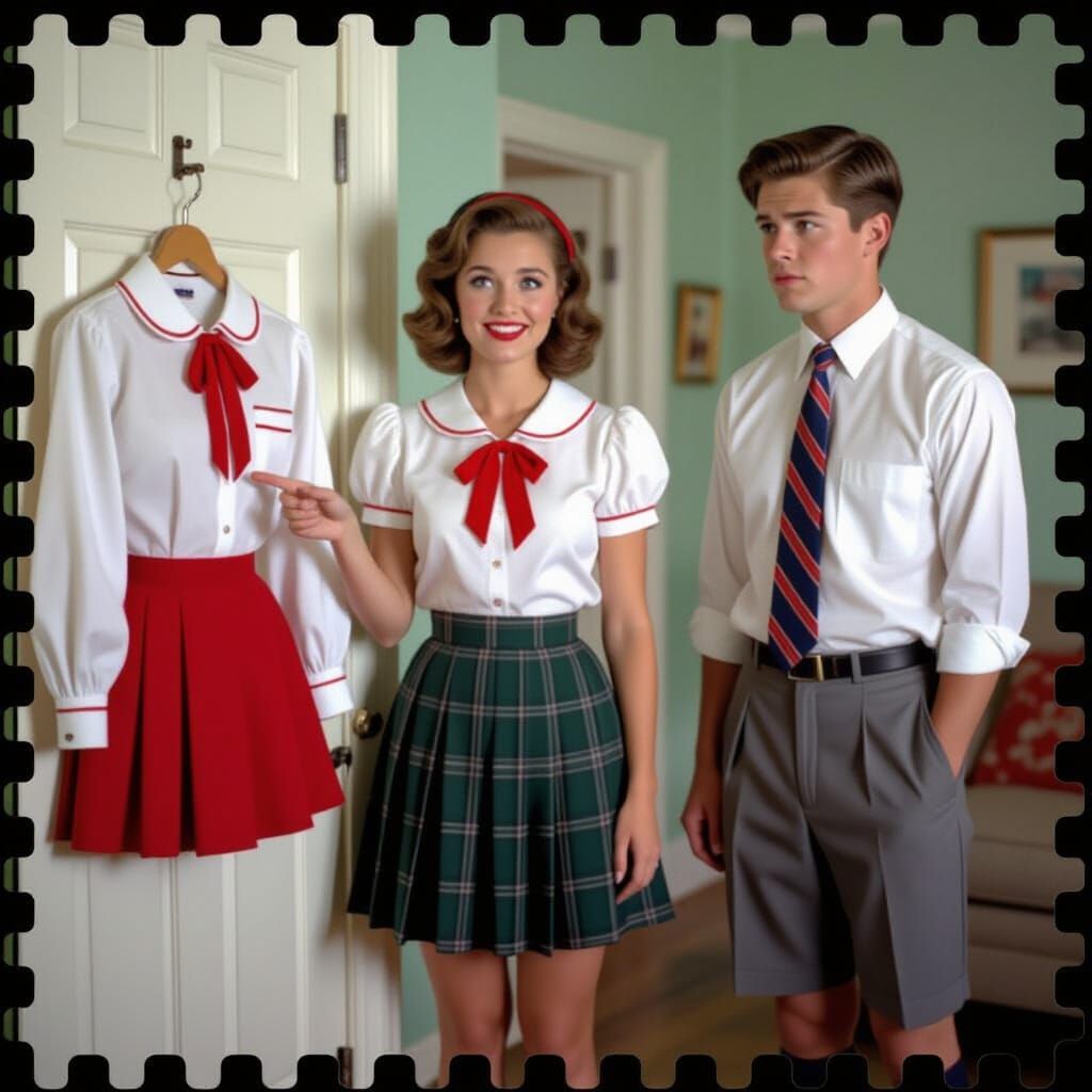 Woman Presents School Uniform, Cinematic Film Still