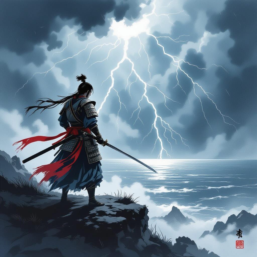 Samurai Warrior on Cliff Overlooking Stormy Sea