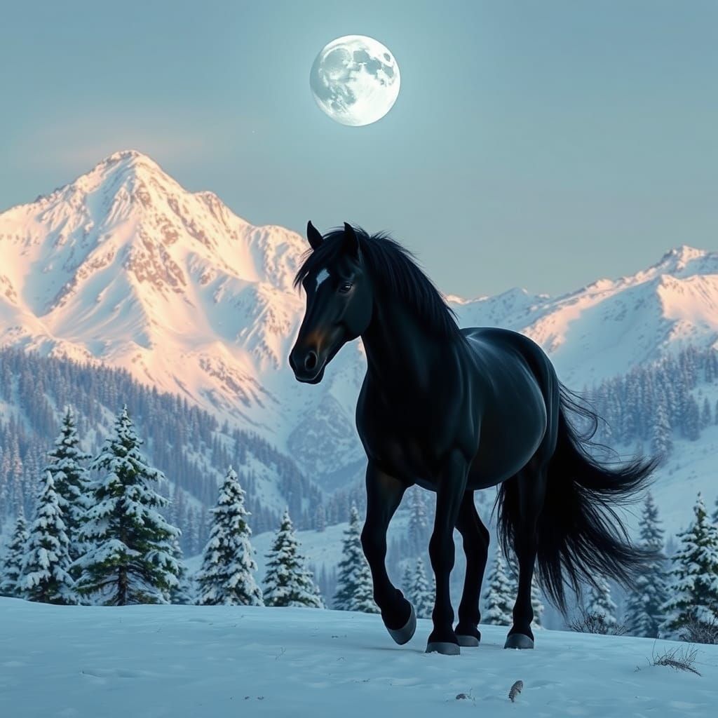 Regal Black Stallion Rides Serene Mountain Landscape Under M...