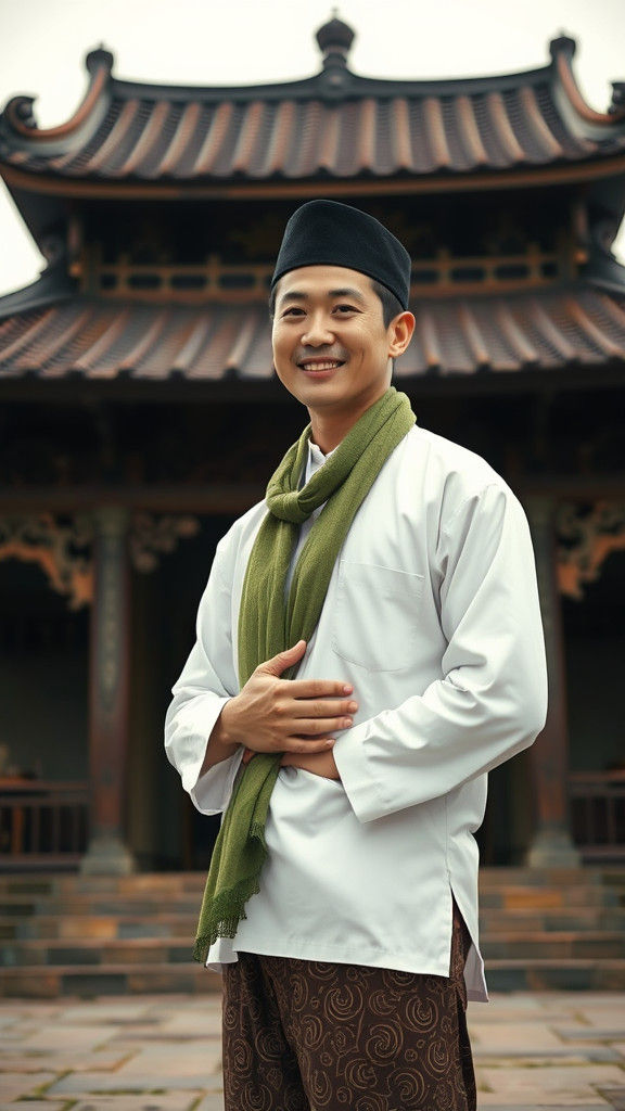 Korean Man in Traditional Dress Before Javanese Joglo