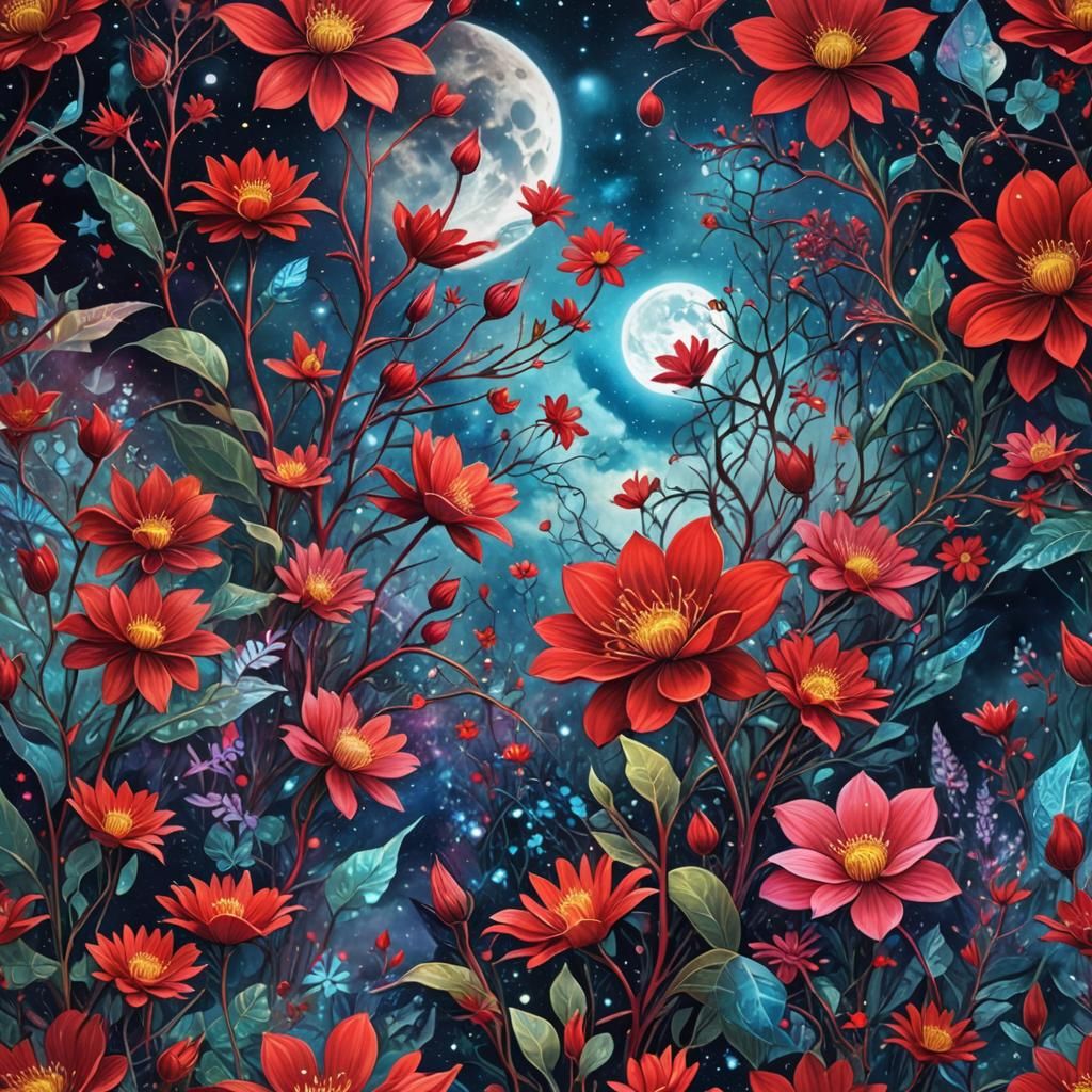 Astral Crimson Flowers Falling in Moonlight