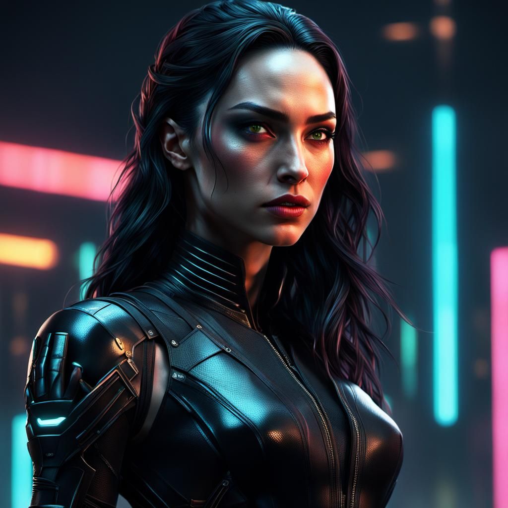 Cyberpunk Girl with Striking Features in Neon Cityscape