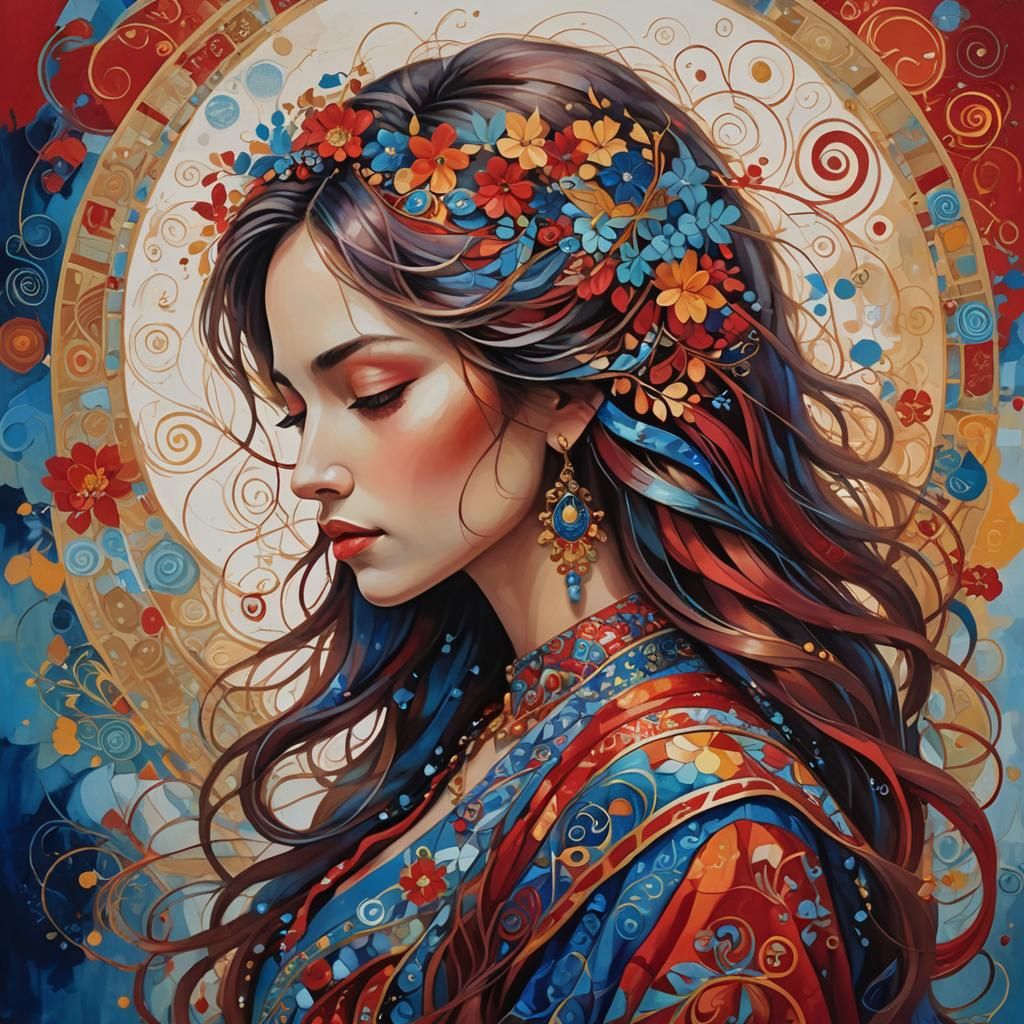 Contemplative Woman in Vibrant, Colorful Painting