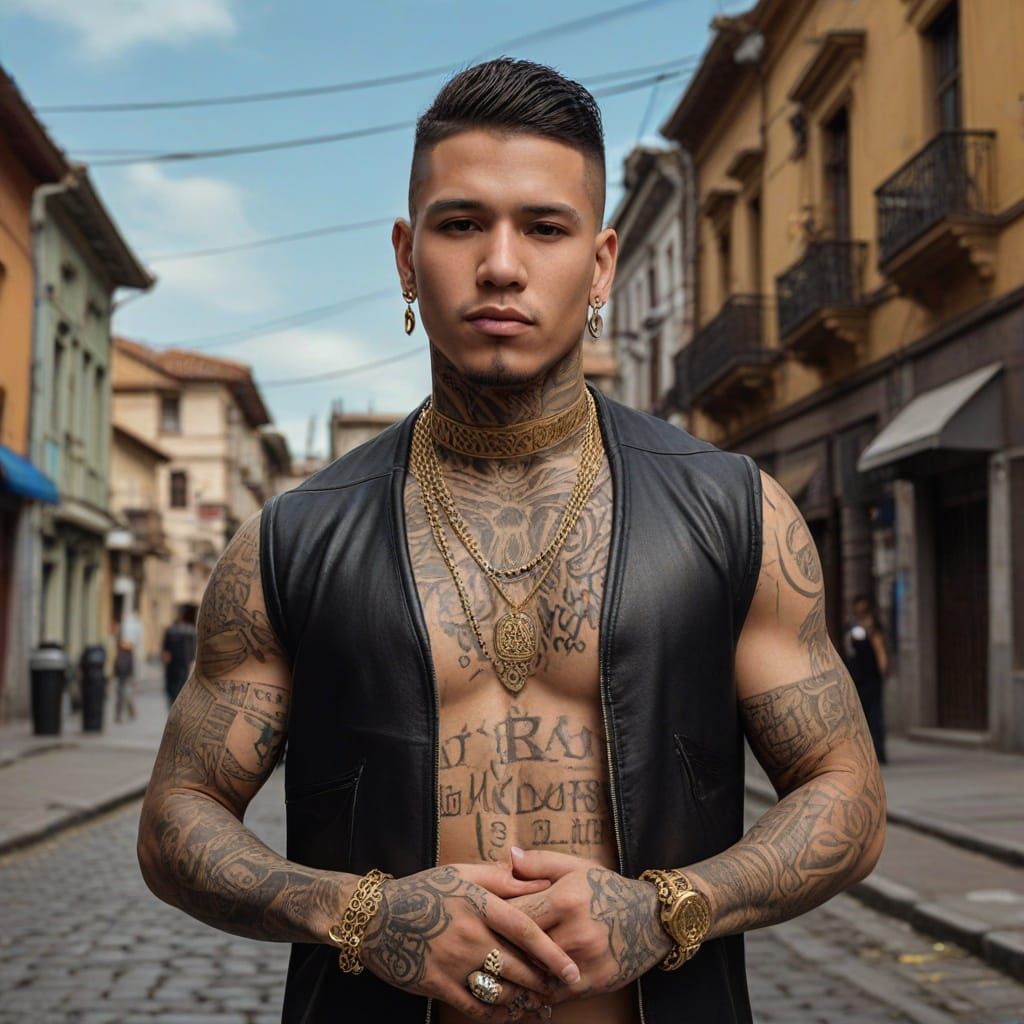 Latin Kings Leader in Hyperrealistic Gold and Ink, Bogota Ci...