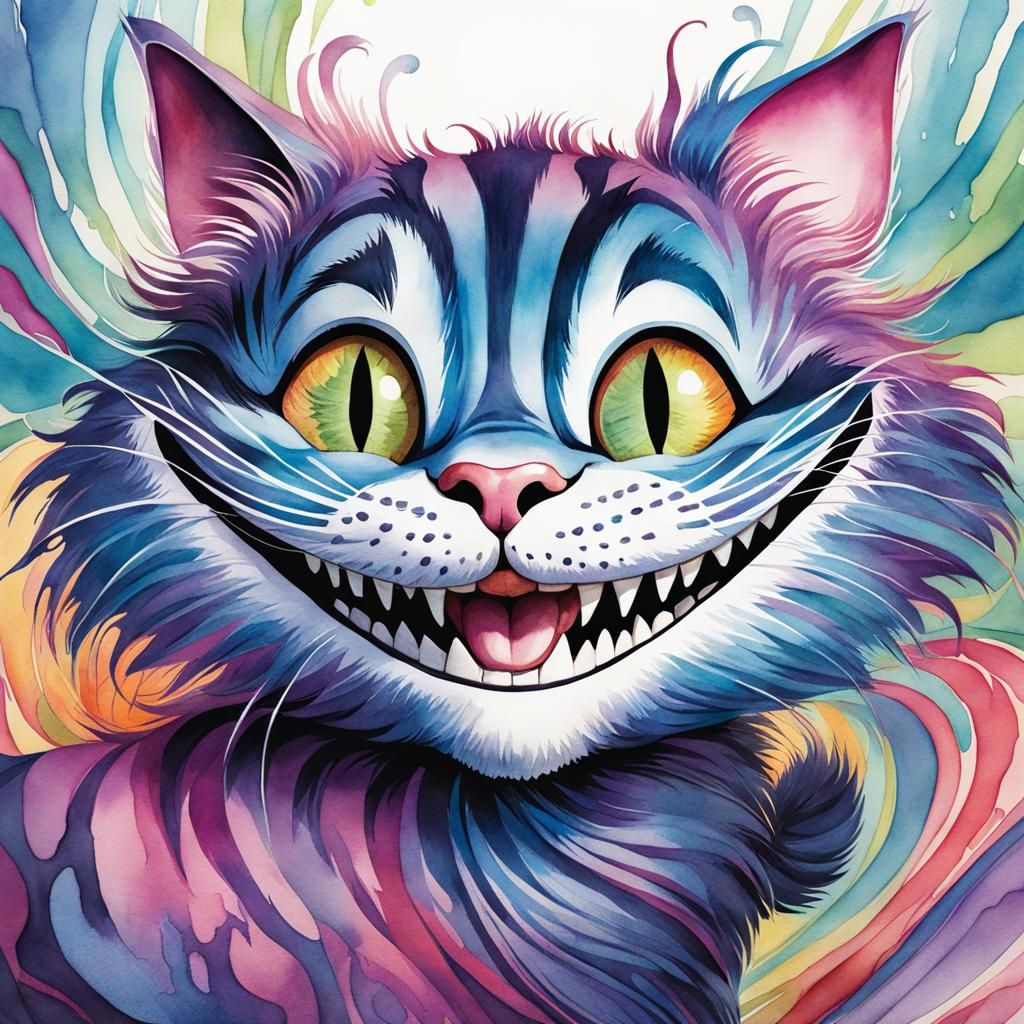 Watercolor Cheshire Cat Storybook Illustration