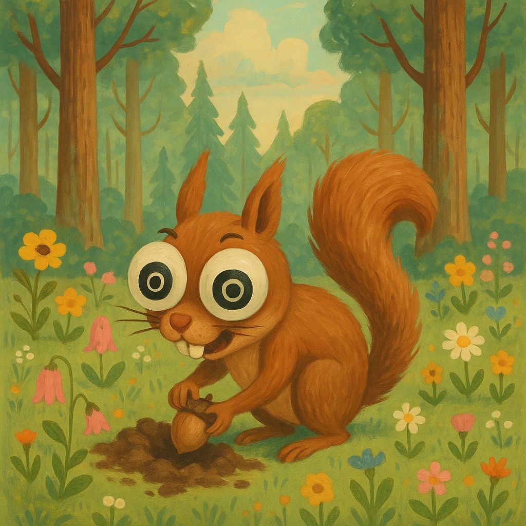 Mischievous Squirrel Buries Nut in Whimsical Woodland Scene
