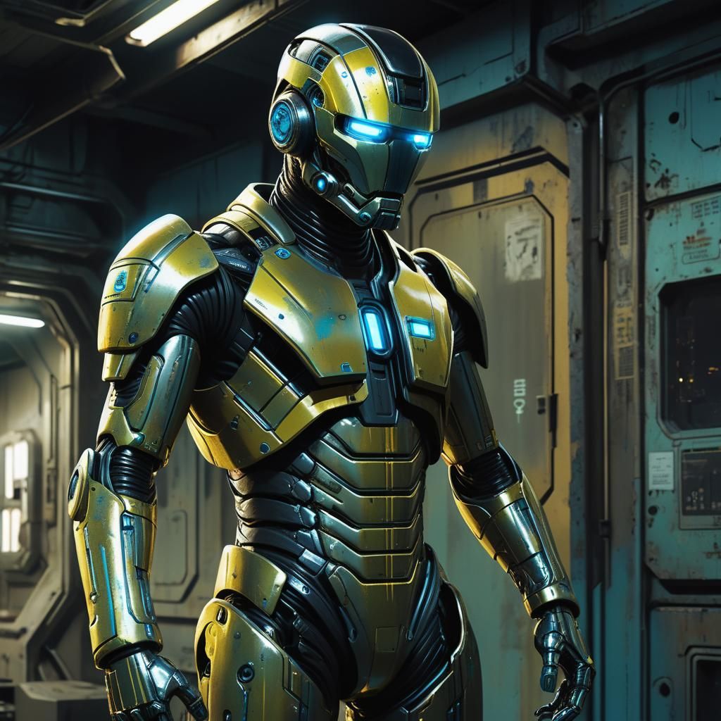 Futuristic Humanoid in Alloy Suit: Sci-Fi Illustration
