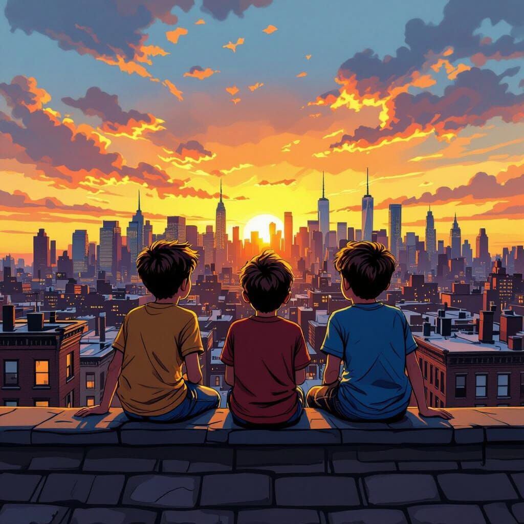 Boys on Brooklyn Brownstone Overlooking NYC Skyline at Sunse...