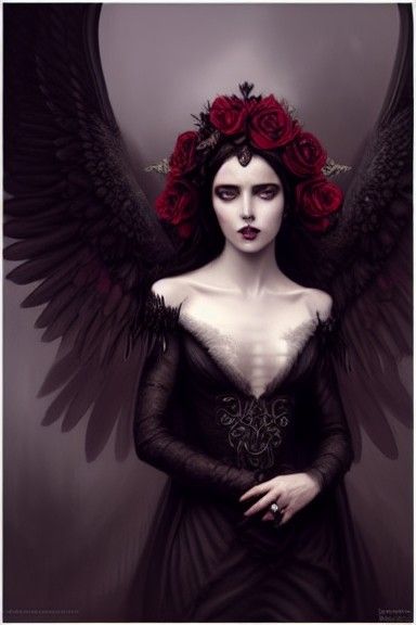 Dark Angel with Red Roses in Hyper-Detailed Digital Art
