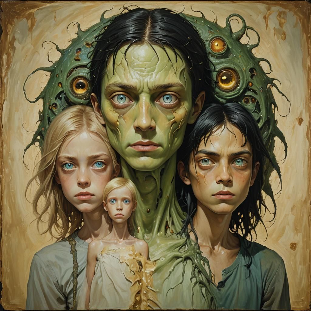 Intricately Detailed Three-Faced Monster with Book and Mask