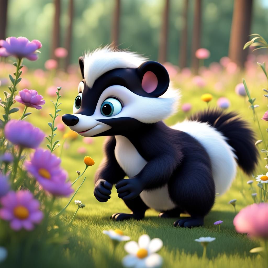 Disney Pixar style 3D furry adorable skunk, in a meadow, smelling a flower, in a meadow with many flowers